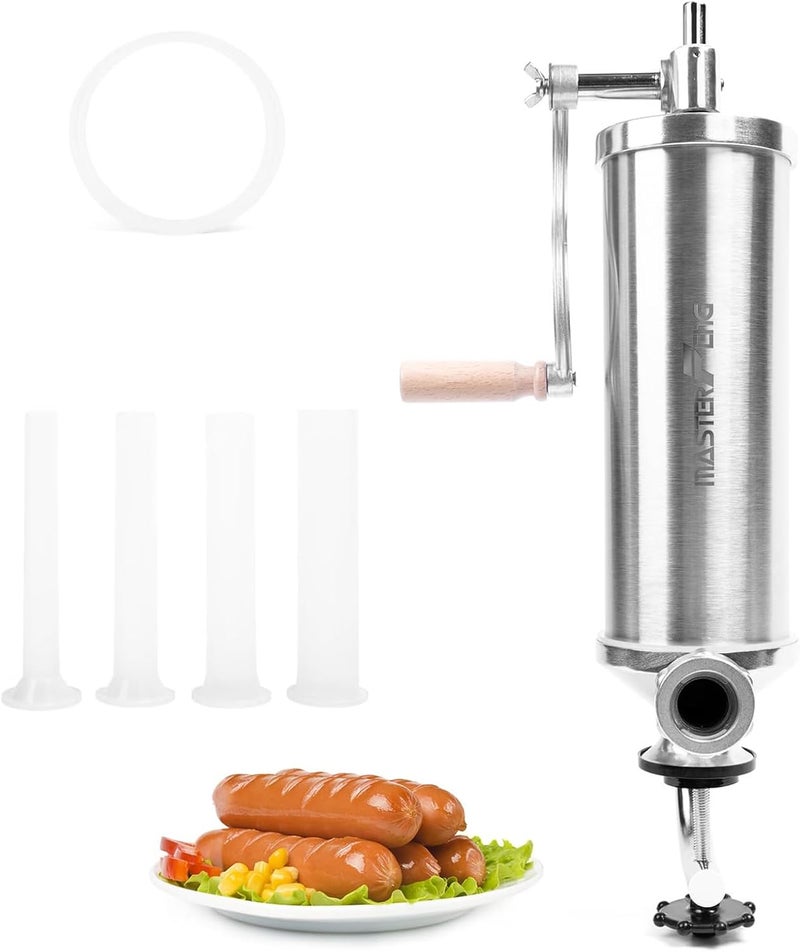 MASTER FENG 5 LBS Sausage Stuffer Vertical Stainless Steel Stuffing Maker Machine Packed with 4 Stuffing Funnels - Image 1